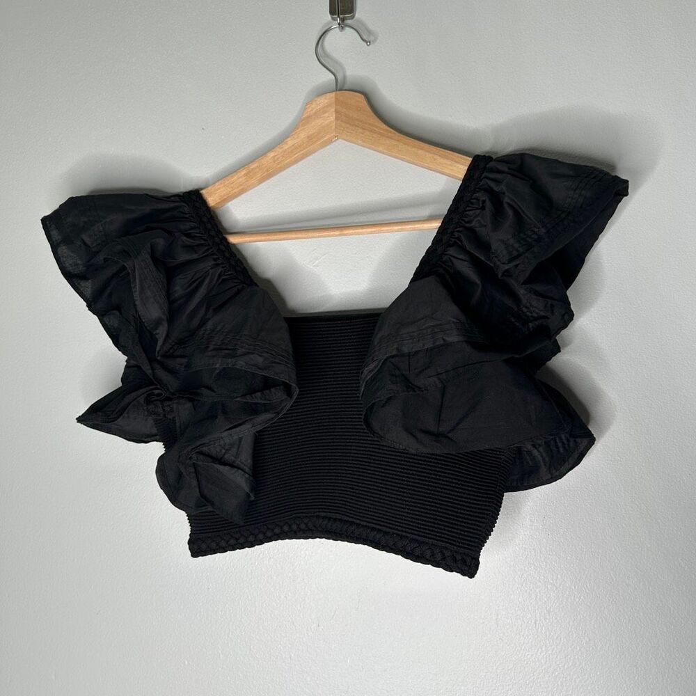 Aje. Corinne Ruffled Ribbed Crop Top - Black - Picture 6 of 11